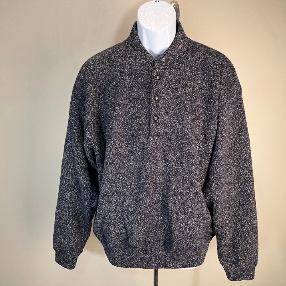Cabela's Men's blue and tan flecked 100% Wool wind henley Sweater Large L EUC - Picture 2 of 5